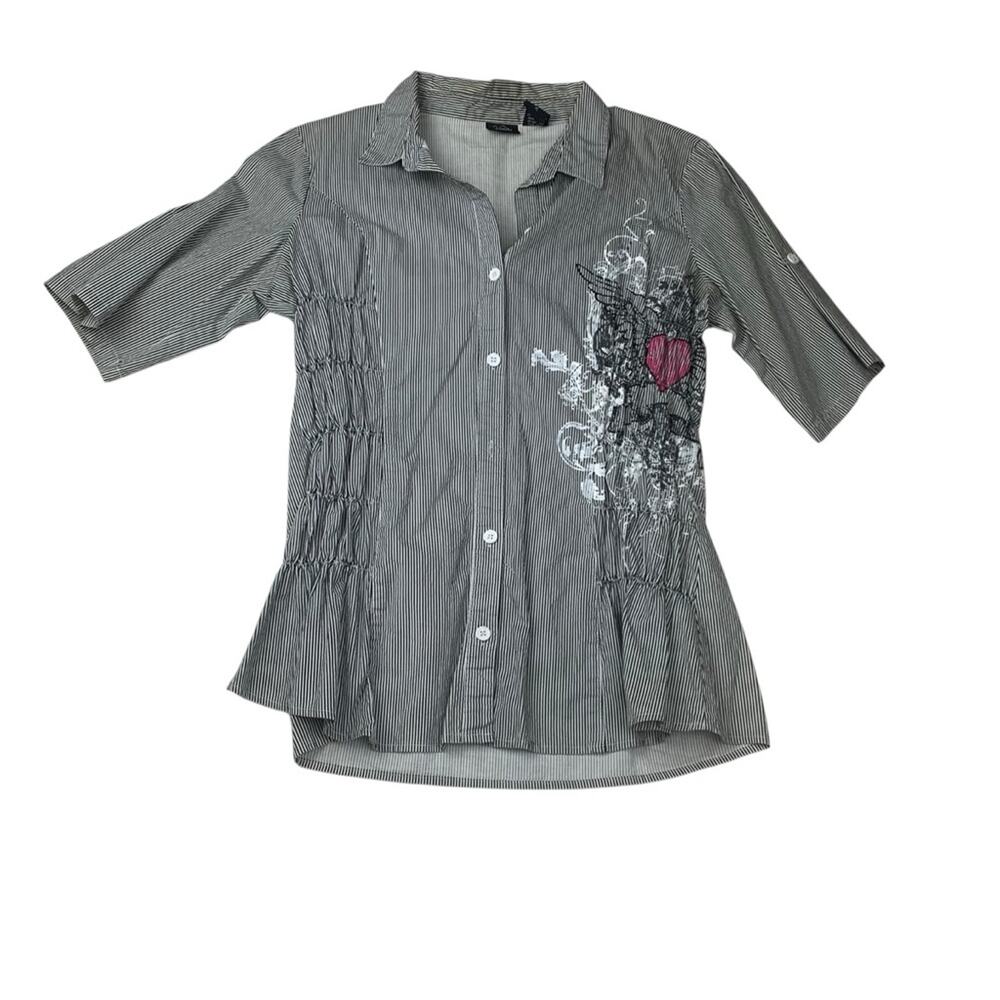 Vanity size XL y2k Black White Striped Shirt button up flaw punk whimsigoth